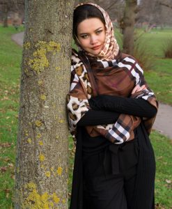 Turkish Hijab Russet & Yellow with Burberry Brown Outdoors 5