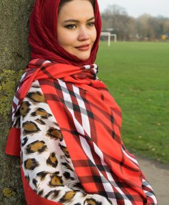 Crinkle Cardinal Red Hijab with Burberry Red Scarf Outdoors