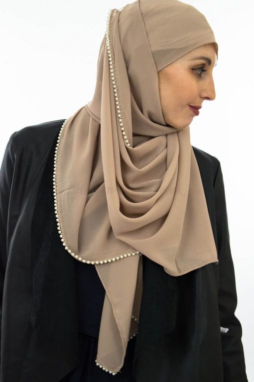 Limited Edition Pearl Chiffon Hijab - Latte - Hidden Pearls 6