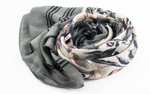 Silk Floral Hijab - Silver - Hidden Pearls