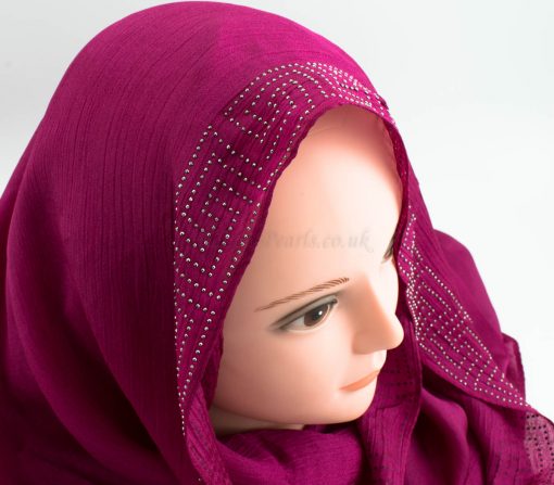 Deluxe Silk Gem Border Hijab - Fuschia 2 - Hidden Pearls