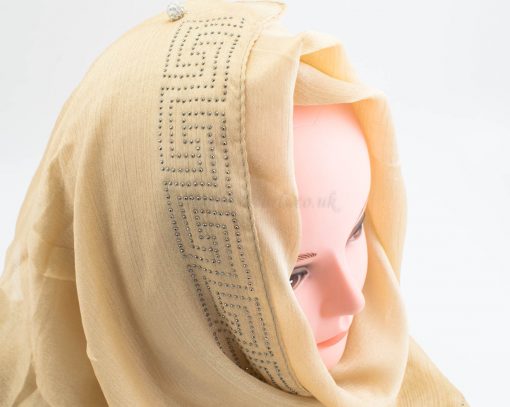 Deluxe Silk Gem Border Hijab - Gold 2 - Hidden Pearls