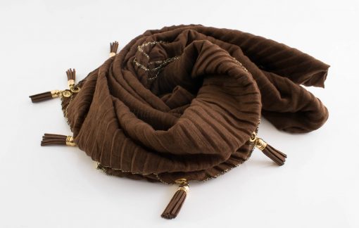 Border Leather Tassel Hijab - Hidden Pearls - Chocolate