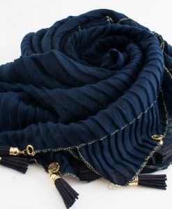 Border Leather Tassel Hijab - Hidden Pearls - Midnight BlueBorder Leather Tassel Hijab - Hidden Pearls - Midnight Blue