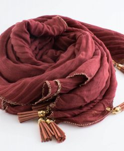 Border Leather Tassel Hijab - Hidden Pearls - Persian Red