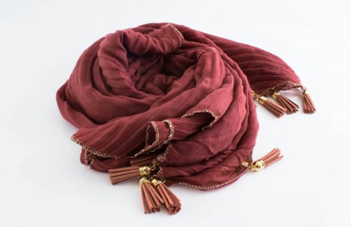 Border Leather Tassel Hijab - Hidden Pearls - Persian Red